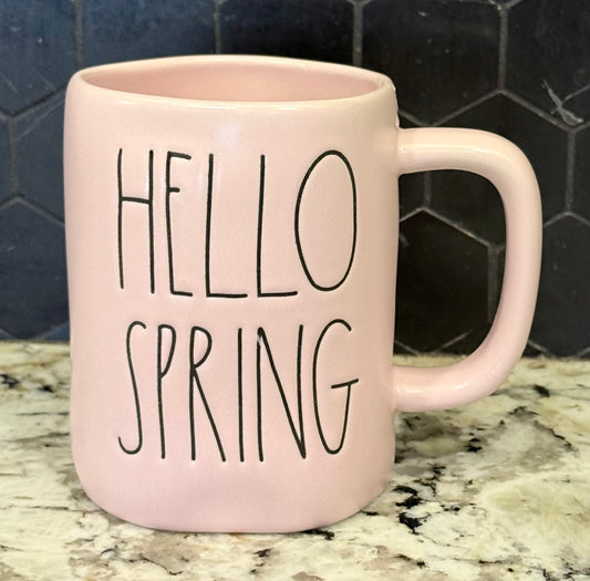New Rae Dunn pink ceramic coffee mug HELLO SPRING