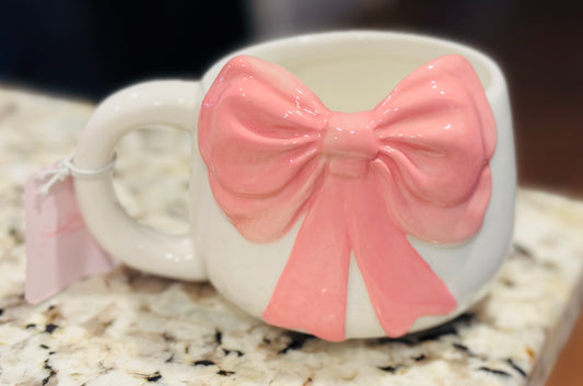 New pink and white ceramic large bow coffee mug decor