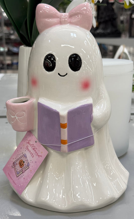 New ceramic pink and white Halloween book/coffee ghost decor 10x6”