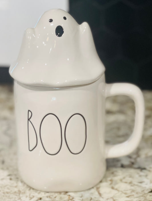 New Rae Dunn white Halloween theme ceramic topper coffee mug BOO 👻
