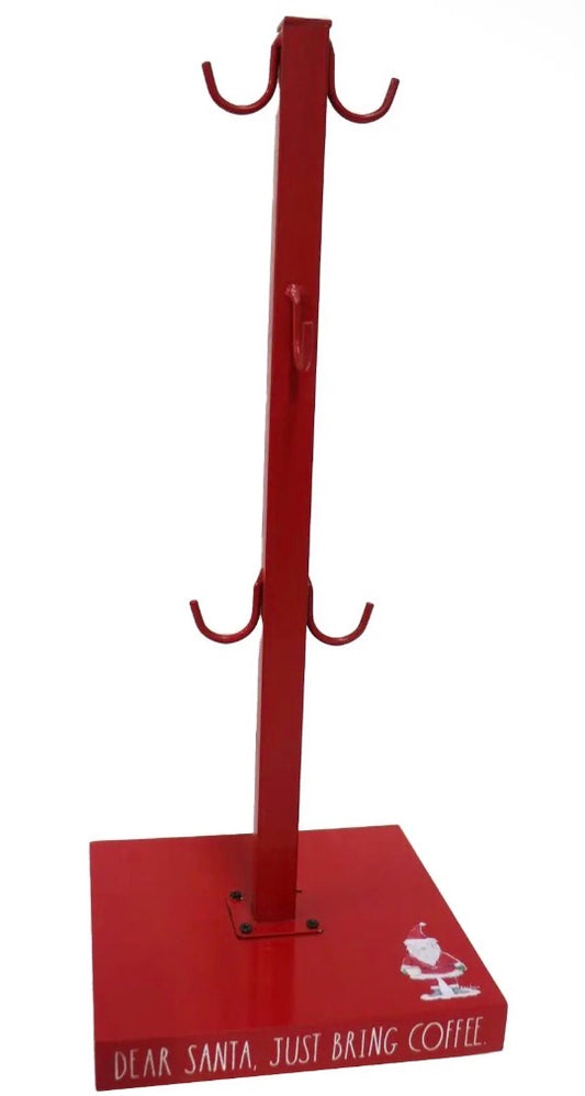 New Rae Dunn red wood coffee cup rack mug tree, Christmas decor DEAR SANTA, JUST BRING COFFEE