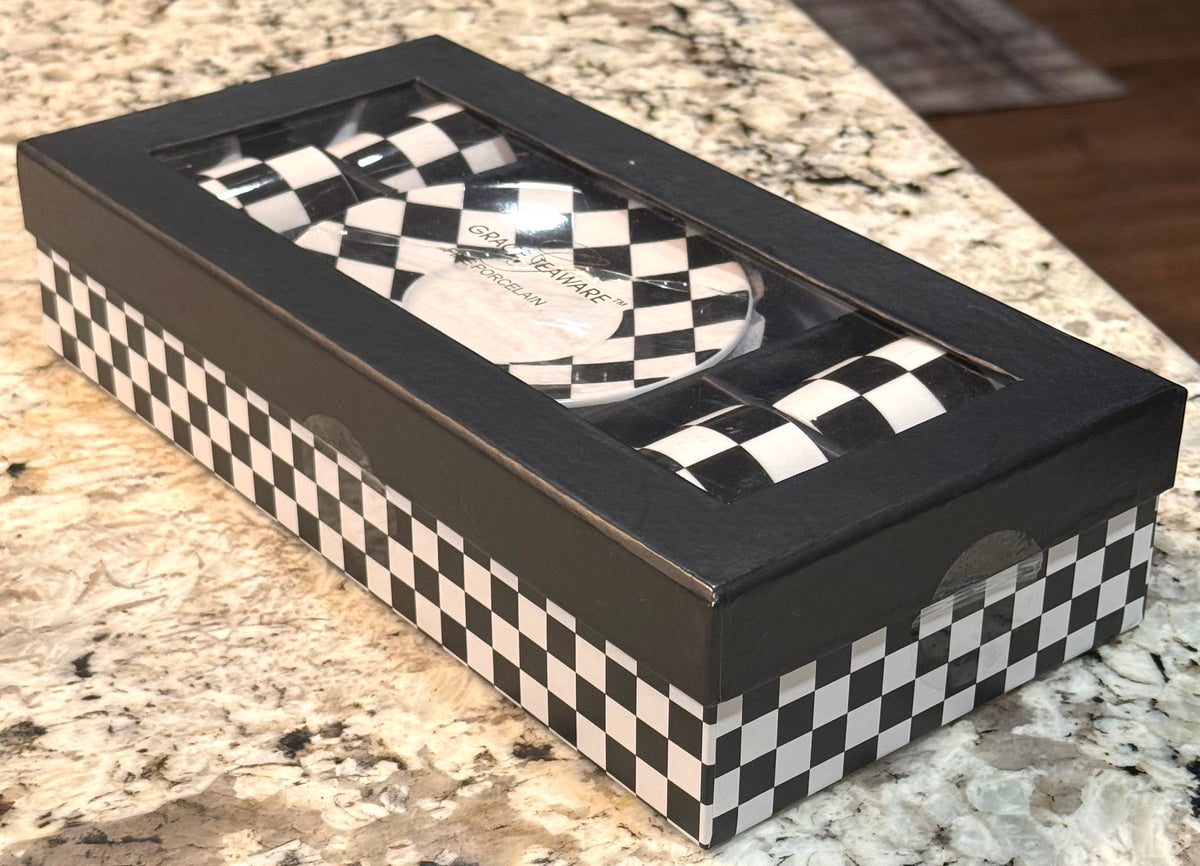 New porcelain black and white checkered espresso mug and plate gift box set