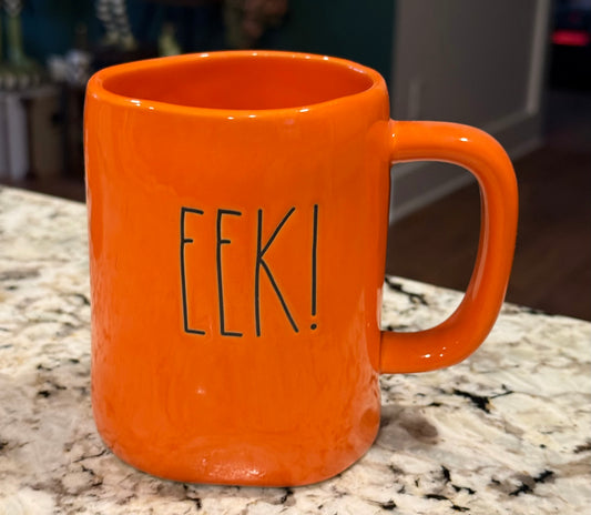 New Rae Dunn orange ceramic Halloween coffee mug EEK!