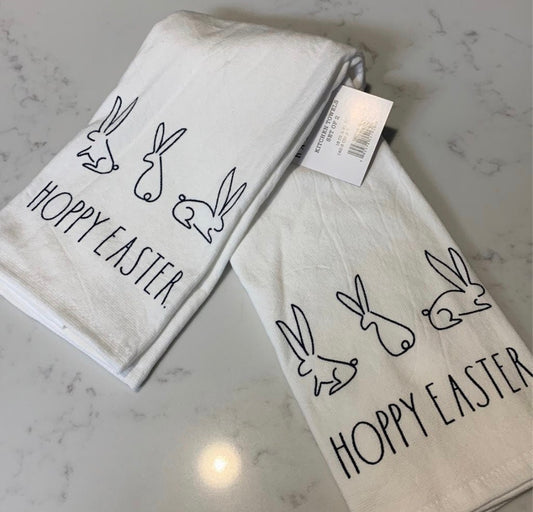 New Rae Dunn white Easter 2-piece kitchen dish towel set HOPPY EASTER