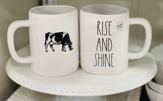 New Rae Dunn white ceramic coffee mug RISE AND SHINE 🐄 on back