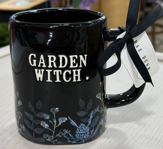 New Rae Dunn black iridescent ceramic Halloween coffee mug GARDEN WITCH