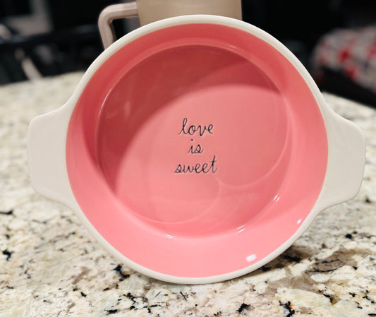 New Rae Dunn pink and white Valentine’s casserole dish LOVE IS SWEET