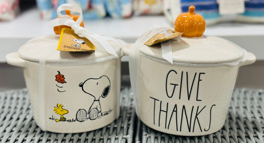 New Rae Dunn x Peanuts Snoopy Fall decor ceramic baking dish GIVE THANKS