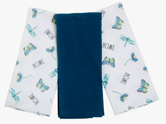 Rae Dunn Butterfly Kitchen Towels, 3 Pack, 16 x 26, Navy Blue & White
