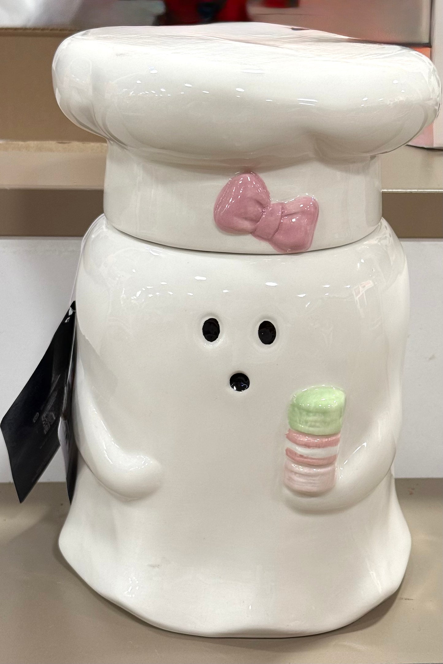 New white ceramic Halloween chefs hat ghost cookie jar canister decor 9”