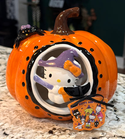 New Blue Sky Ceramics Hello Kitty tealight pumpkin Halloween decor holder 6”