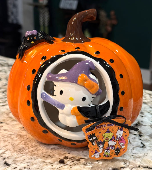 New Blue Sky Ceramics Hello Kitty tealight pumpkin Halloween decor holder 6”