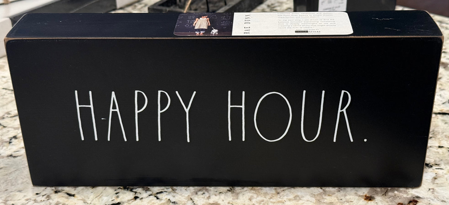 Rae Dunn black wood reversible sign 12x2x5 IN A MEETING / HAPPY HOUR
