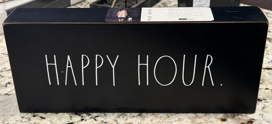 Rae Dunn black wood reversible sign 12x2x5 IN A MEETING / HAPPY HOUR