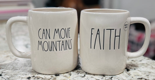 New Rae Dunn white ceramic coffee mug FAITH CAN MOVE MOUNTAINS