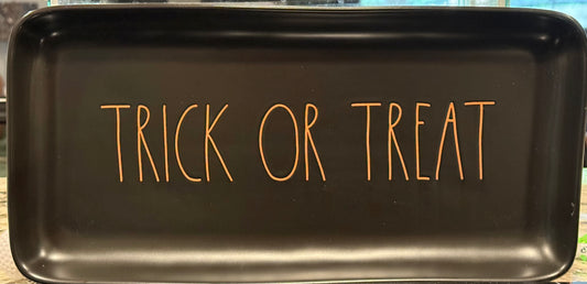 New Rae Dunn black ceramic 10x5 TRICK OR TREAT Halloween decor serving platter