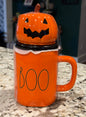 New Rae Dunn orange ceramic Halloween decor topped coffee mug BOO