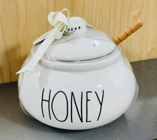 New Rae Dunn white ceramic HONEY dish with bee hive wood stir stick