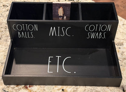 New Rae Dunn black wood bathroom organizer COTTON BALLS MISC. COTTON SWABS ect. 11.25x8.25x3.35