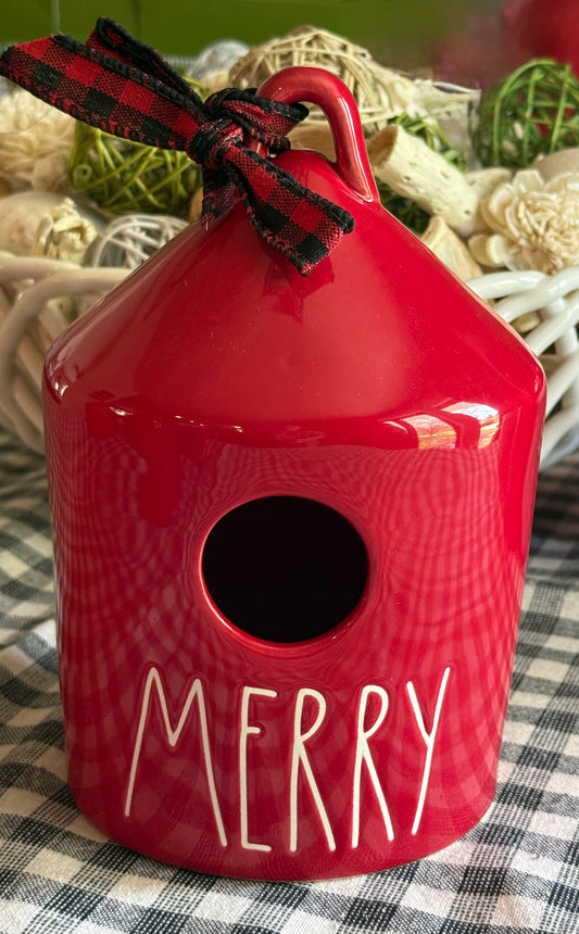 New Rae Dunn red ceramic Christmas birdhouse MERRY
