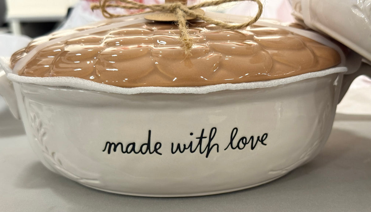New Rae Dunn white ceramic covered acorn fall Baking dish MADE WITH LOVE 11x9.5