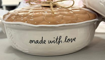 New Rae Dunn white ceramic covered acorn fall Baking dish MADE WITH LOVE 11x9.5