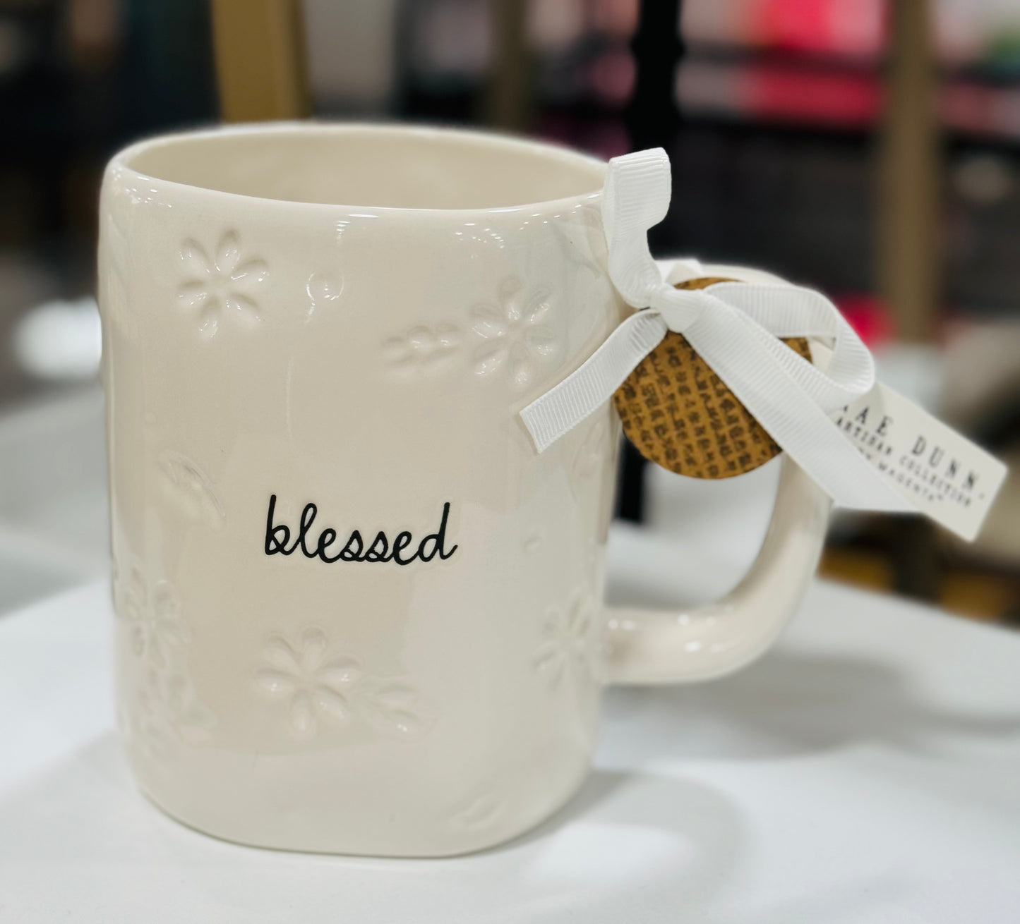 New Rae Dunn white script font coffee mug BLESSED