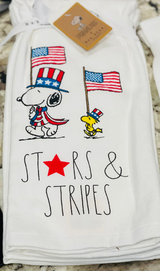 New Rae Dunn x Peanuts 2-piece Americana kitchen dish towel set STARS & STRIPES