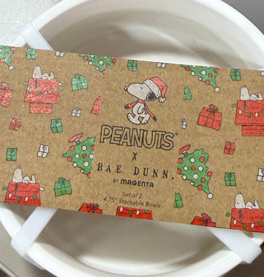 New Rae Dunn x Peanuts Snoopy Christmas 4” bowl set NAUGHTY /NICE