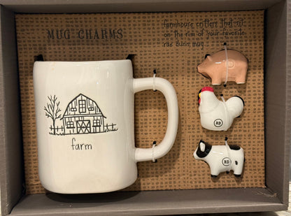 New Rae Dunn white ceramic FARM collectors coffee mug gift set, 3 animal mug charms and mug included.
