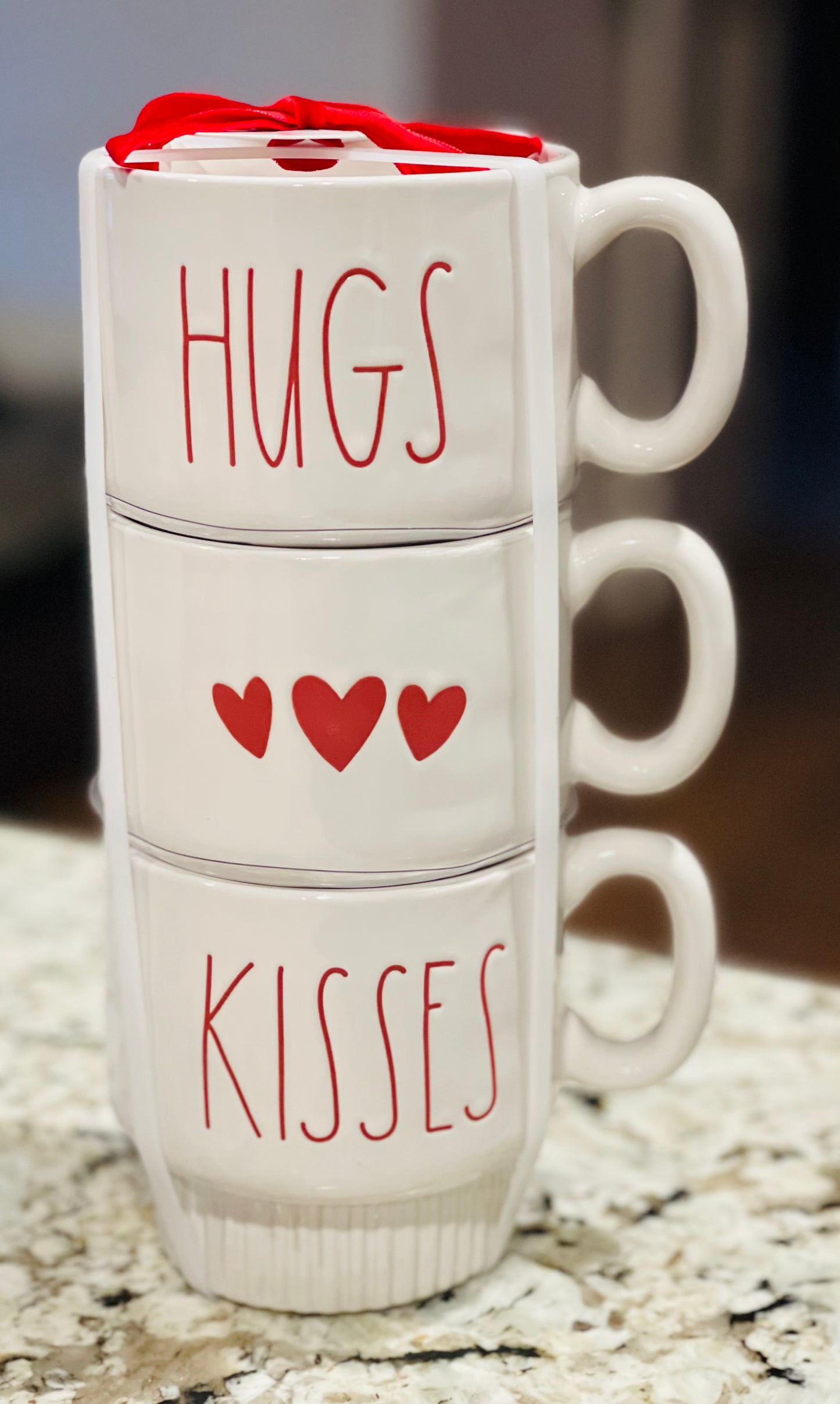 New Rae Dunn white ceramic Valentines coffee mug stacker set HUGS & KISSES