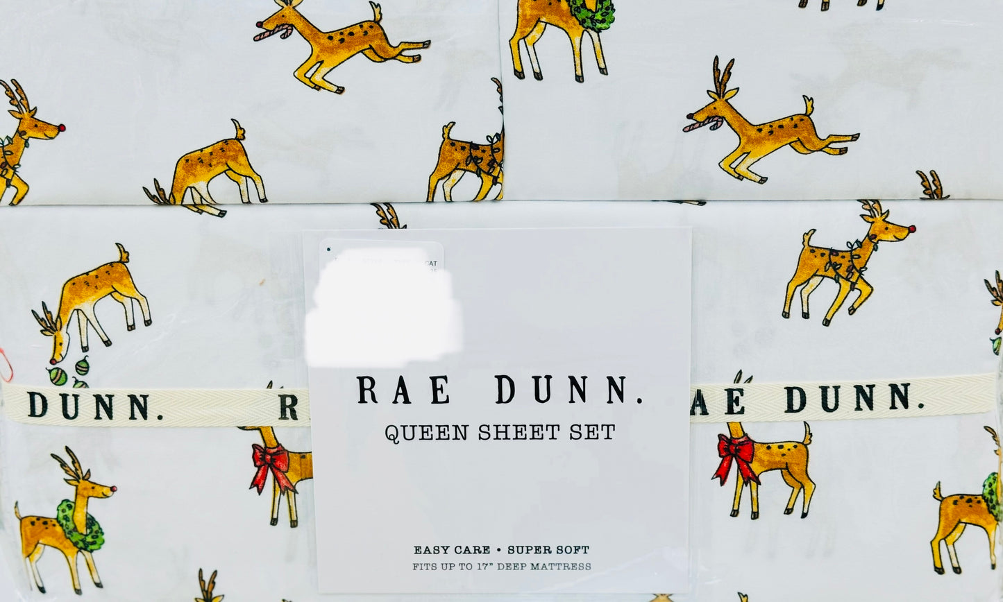 New Rae Dunn white QUEEN size 100% polyester blue snowman sheets deer print