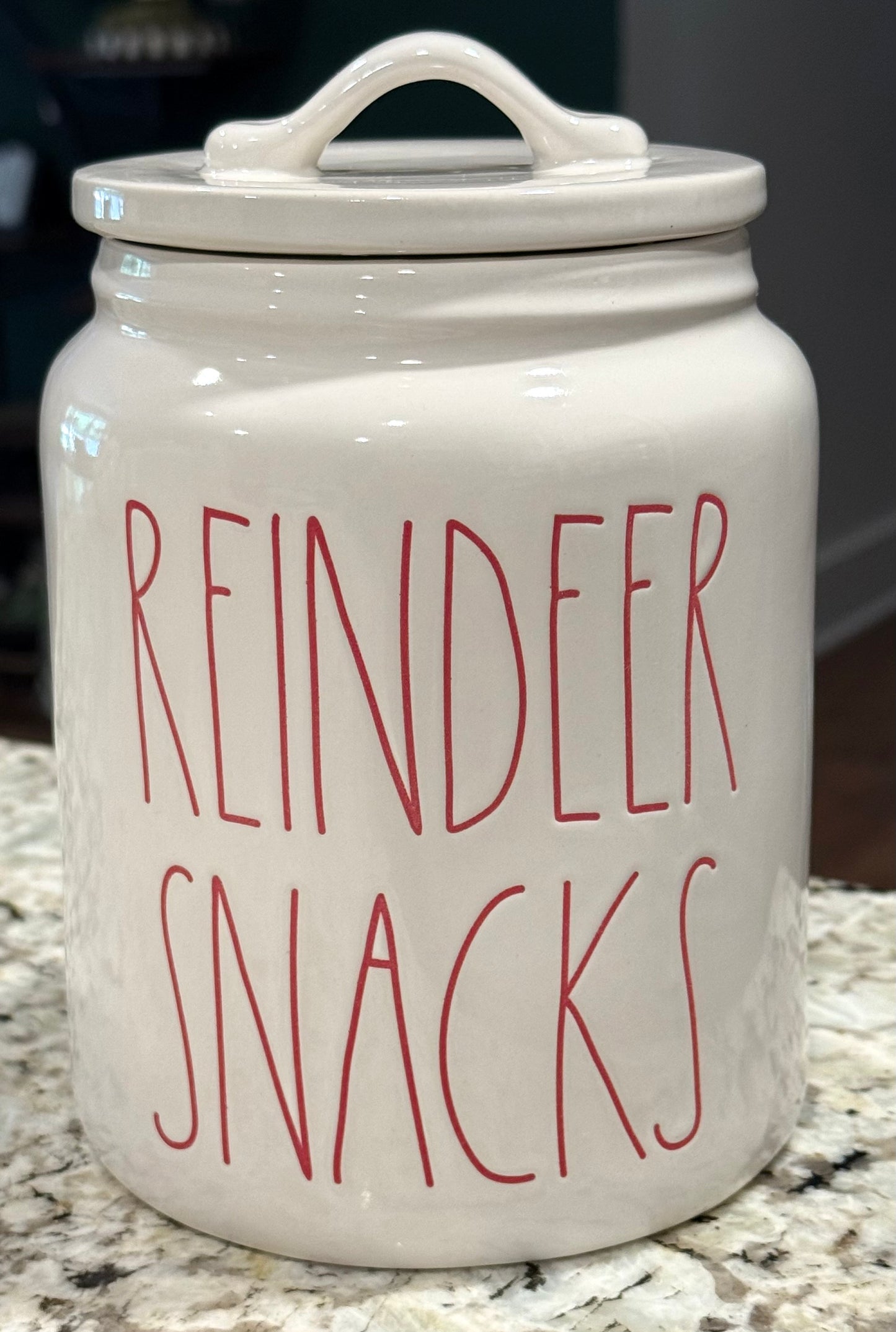 New Rae Dunn white ceramic Christmas decor canister 8” REINDEER SNACKS