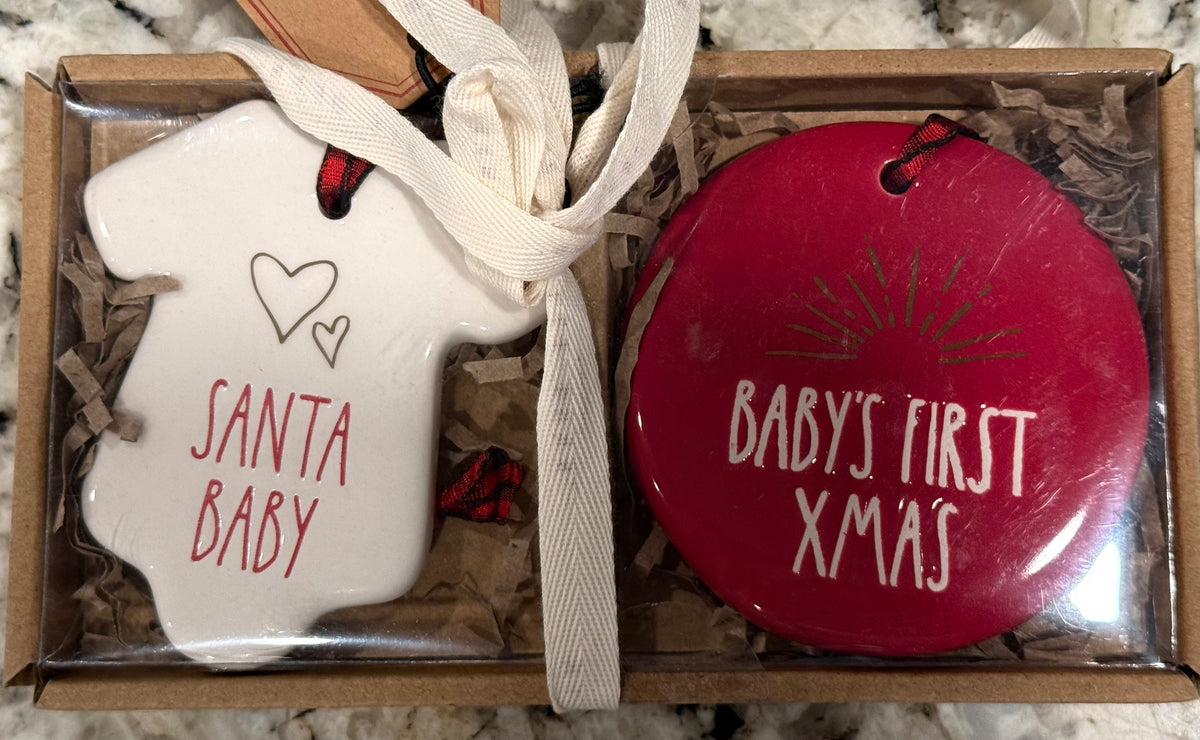 New Rae Dunn 2-piece Christmas ornament set SANTA BABY & BABY’S FIRST XMAS