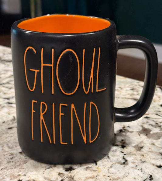 New Rae Dunn black ceramic coffee mug Halloween decor GHOUL FRIEND Orange interior