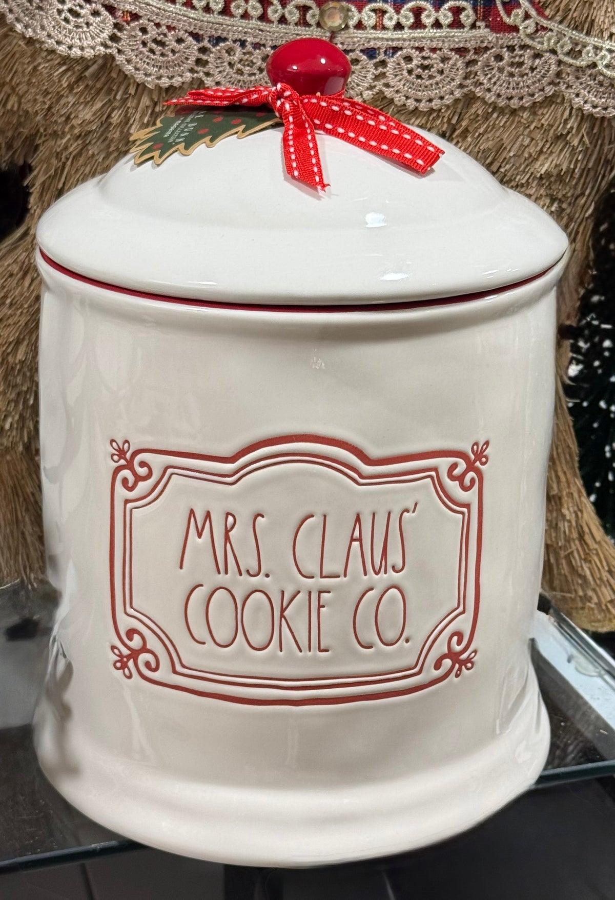 New 8.5x6” Rae Dunn white ceramic Christmas cookie jar canister MRS CLAUS’ COOKIE CO.