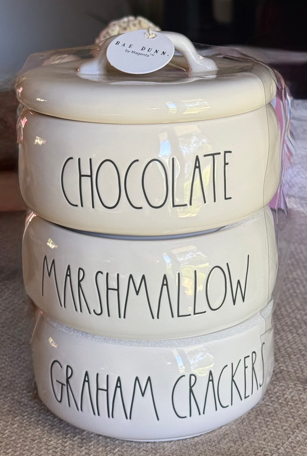 New Rae Dunn white ceramic S’MORES stacker CHOCOLATE MARSHMALLOW GRAHAM CRACKER