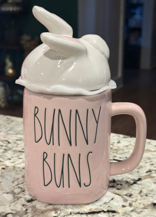 New Rae Dunn pink BUNNY BUNS ceramic coffee topper mug