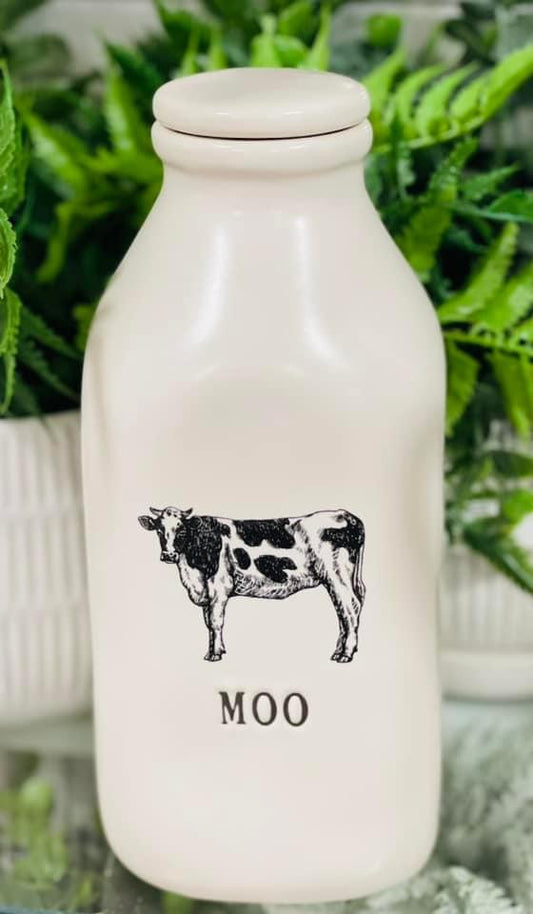 New Rae Dunn white ceramic MOO milk cow bottle decor
