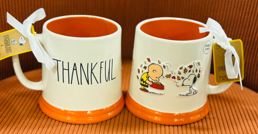 New Rae Dunn x Peanuts Snoopy ceramic Fall coffee mug Charlie Brown THANKFUL