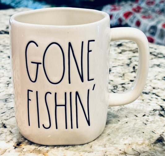 New Rae Dunn white ceramic coffee mug GONE FISHIN’