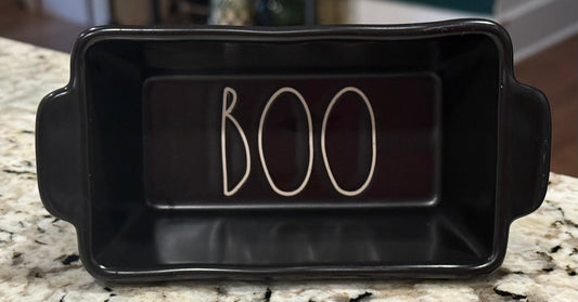 New Rae Dunn black ceramic Halloween 4” mini baking dish BOO