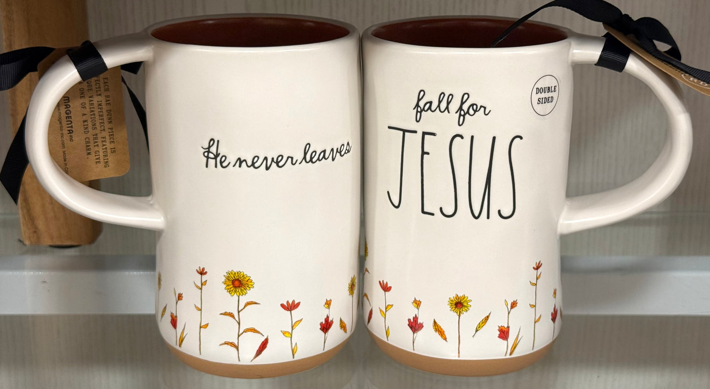 New Rae Dunn ceramic coffee mug FALL FOR JESUS,  HE NEVER LEAVES