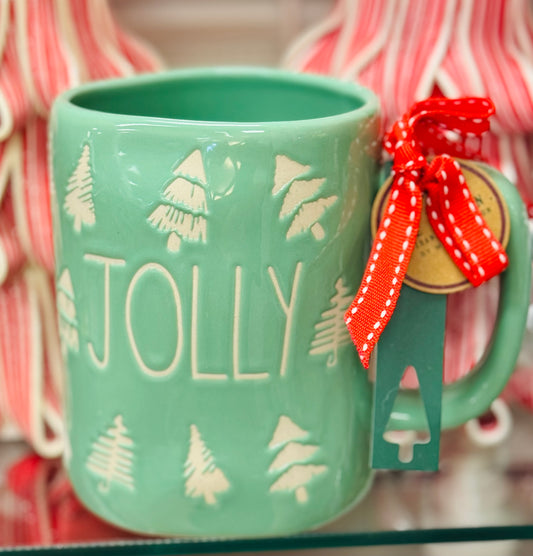 New Rae Dunn green ceramic Christmas mug JOLLY tree engraved