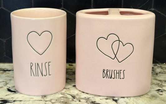 New Rae Dunn pink ceramic BRUSHES & RINSE heart bathroom accessories set