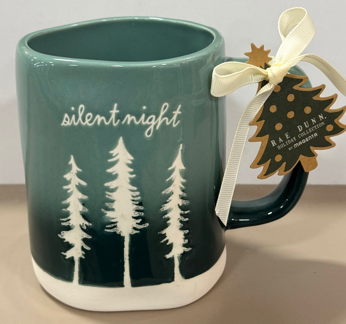 New Rae Dunn green ceramic coffee mug shaded Christmas trees SILENT NIGHT