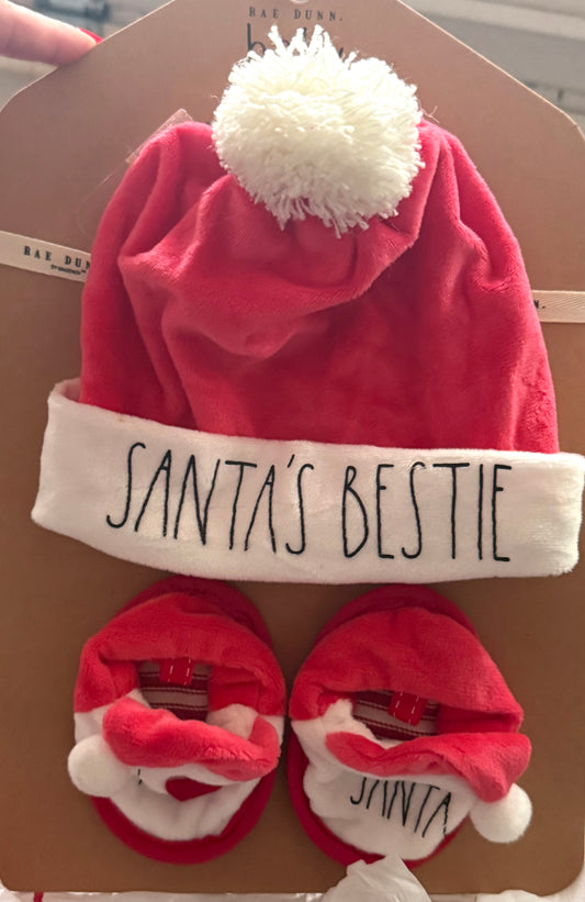 New Rae Dunn baby hat and bootie set 2-piece for Christmas SANTA’S BESTIE