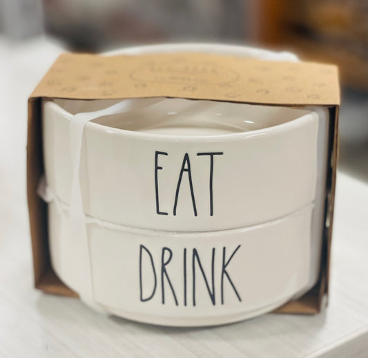 New Rae Dunn white ceramic pet bowl set (2) EAT/DRINK