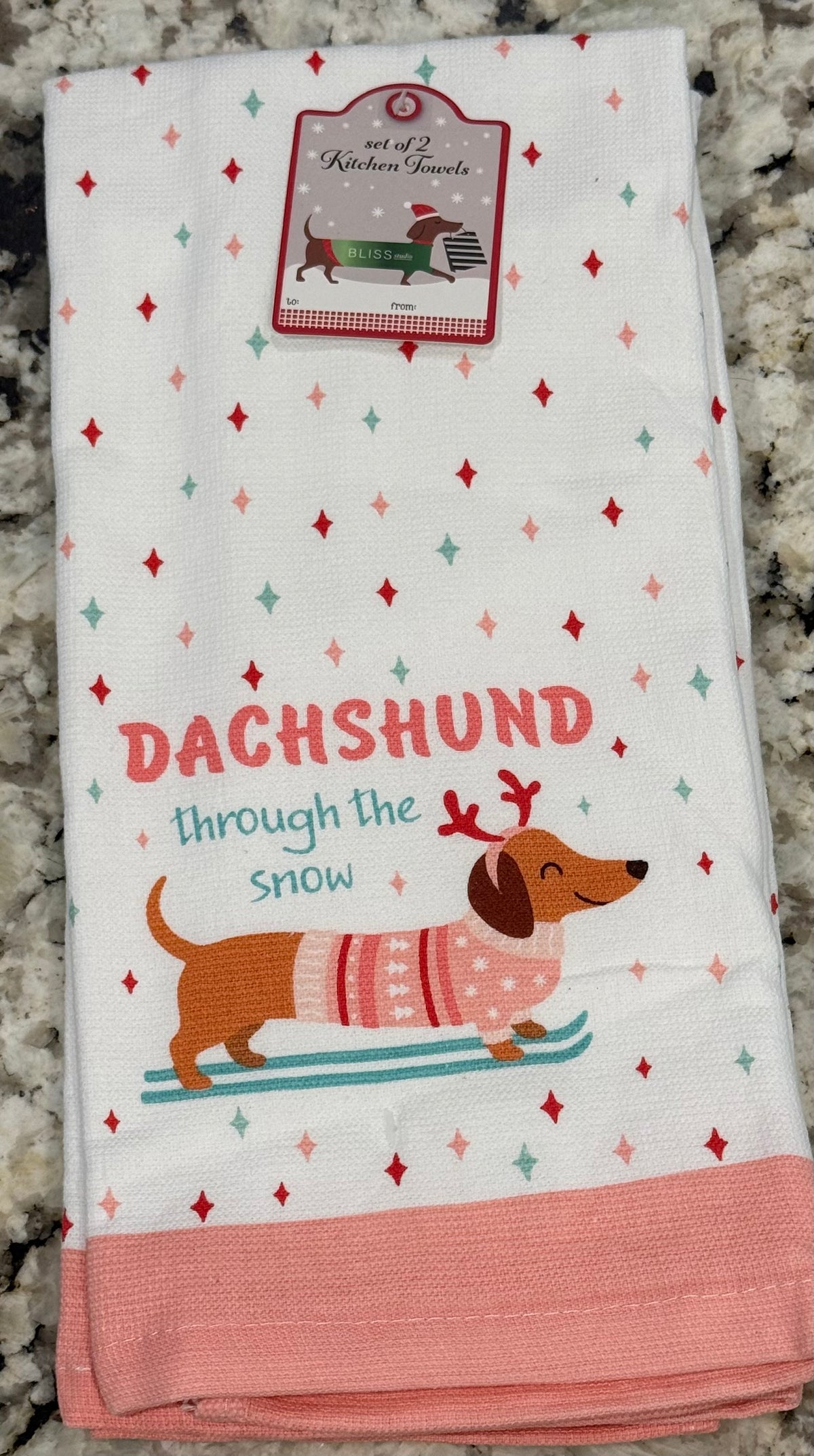 New 2-piece Christmas kitchen dish towel set DACHSHUND through the snow