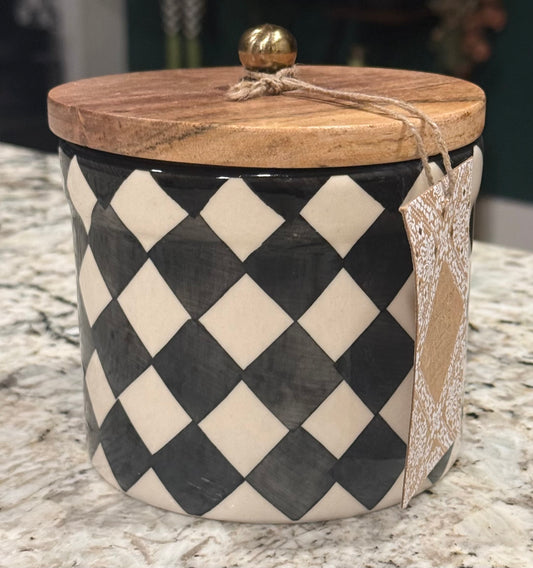 New ceramic 5” made in India wood lid black diamond check storage canister